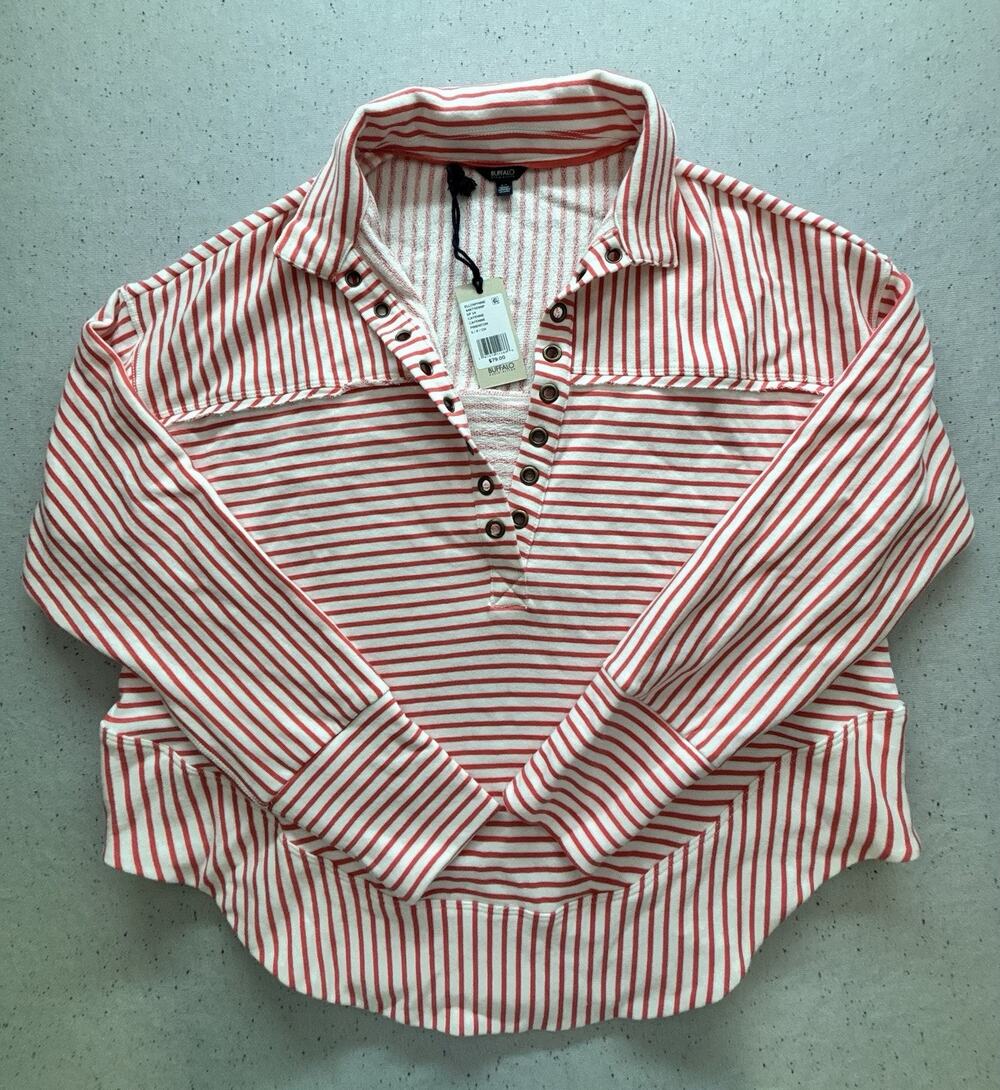 NWT Buffalo David Bitton Ellowynne Striped Snap Collar Pullover Red Small $79